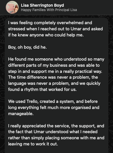 Testimonial message from Lisa Sherrington Boyd